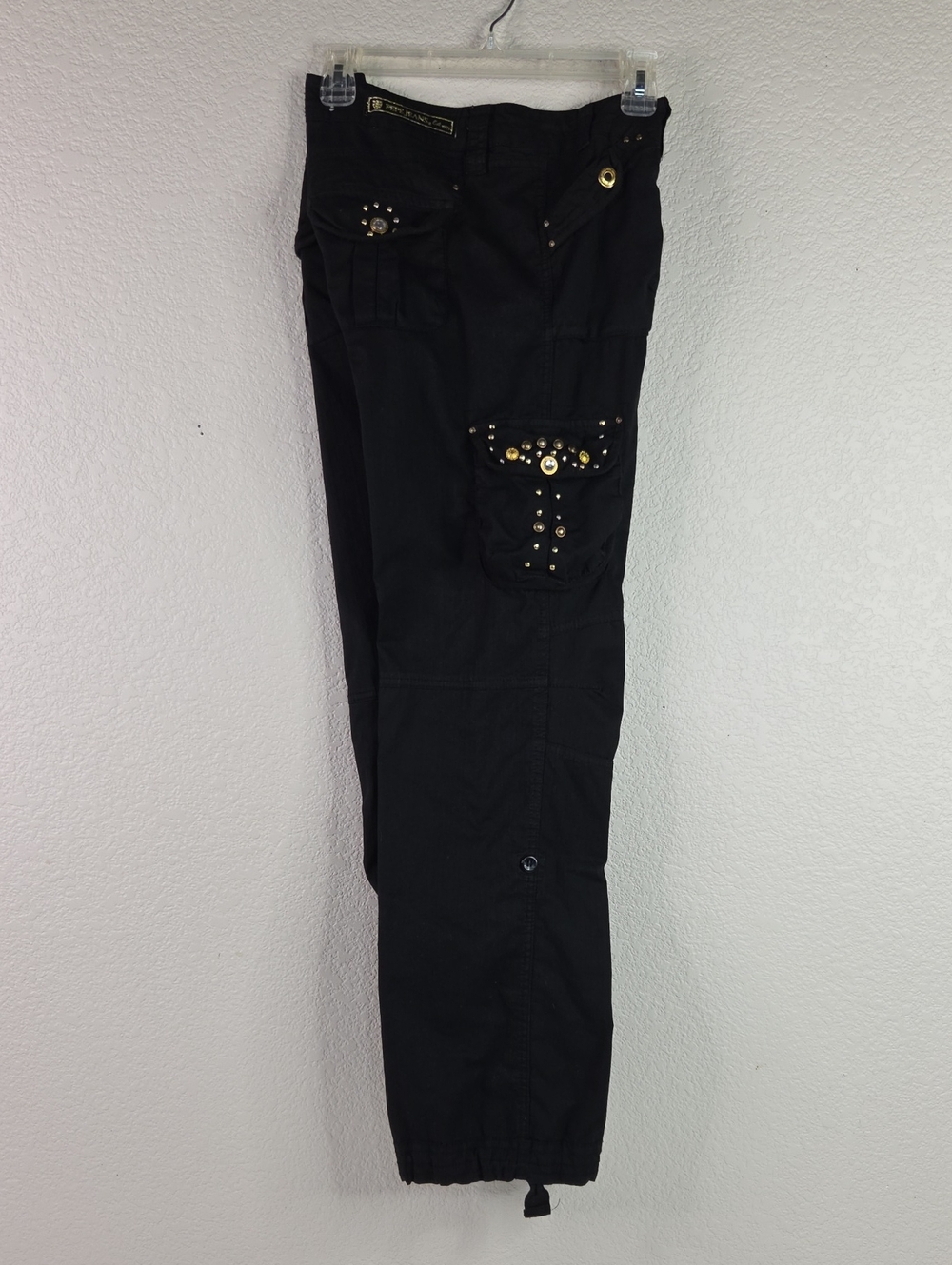 Pepe Jeans Black Straight Leg Cargo Pants with Gold Studs